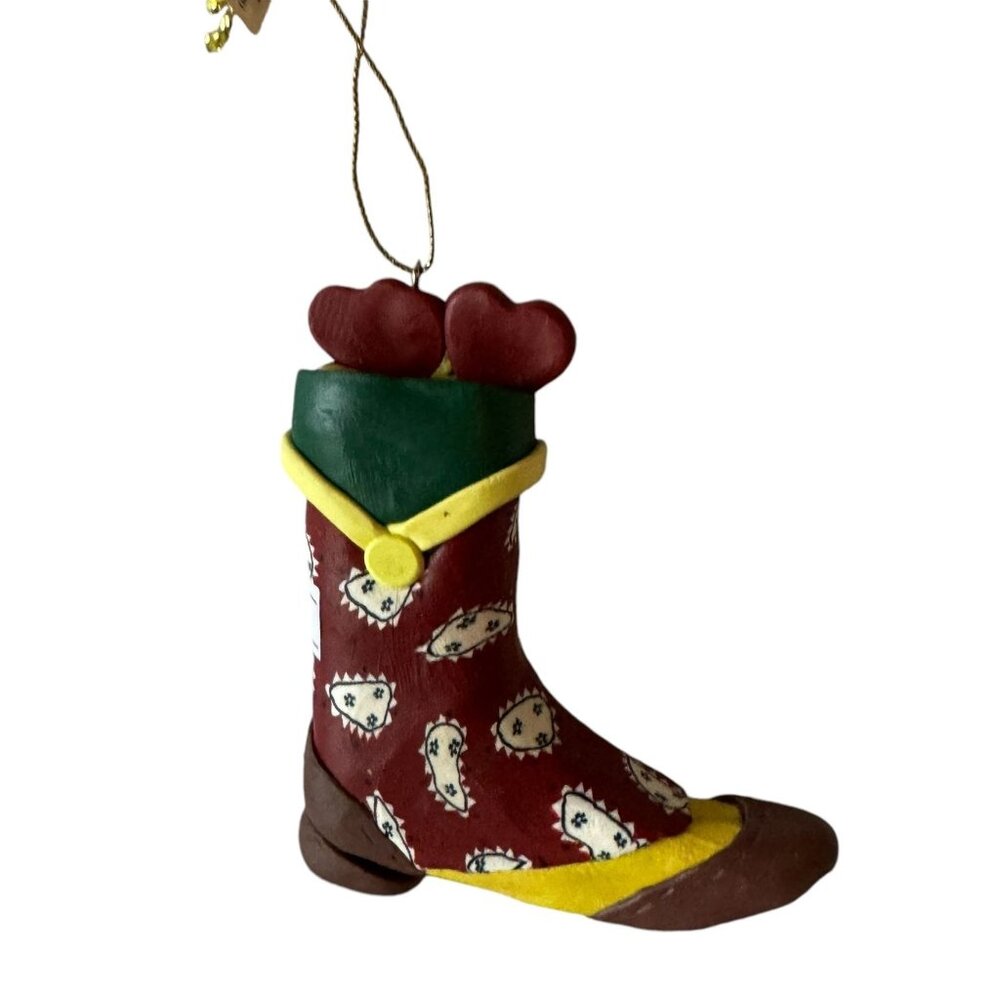 Vintage Garden Ridge Cowboy Boot Christmas Ornament With Hearts